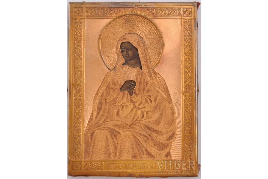 icon, Softener of Evil Hearts icon (in a golden oklad), board, painting, gold, 56 standard, Russia, the 19th cent., 11.6 х 8.6 х 0.75 cm, 29.20 g.