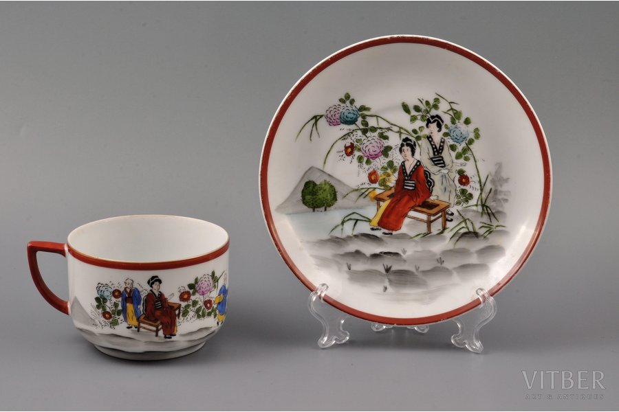 tea pair, Oriental motif, hand-painted, porcelain, M.S. Kuznetsov manufactory, Riga (Latvia), 1934-1940, Ø (plate) 17.7 cm, h (cup) 6.8 cm, second grade