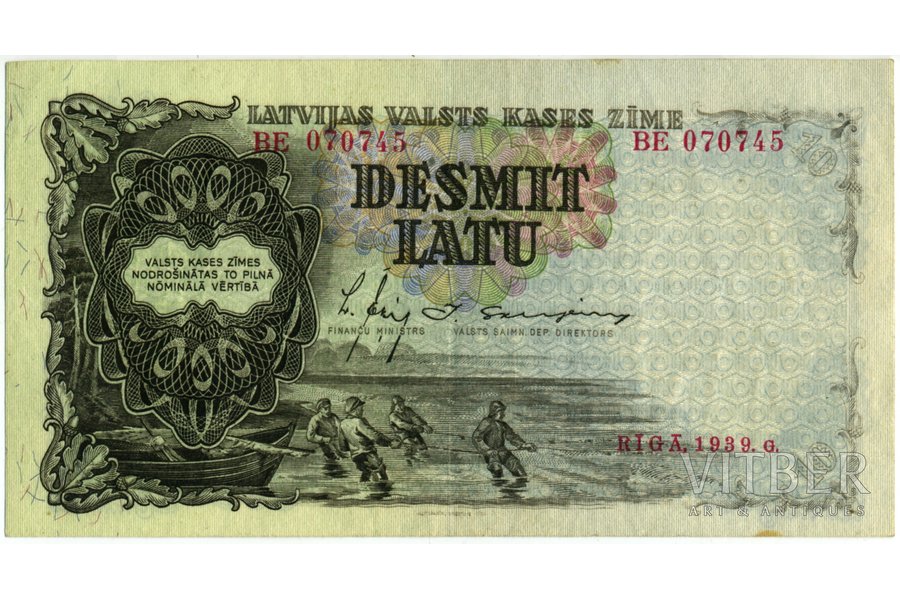 10 lati, banknote, 1939 g., Latvija