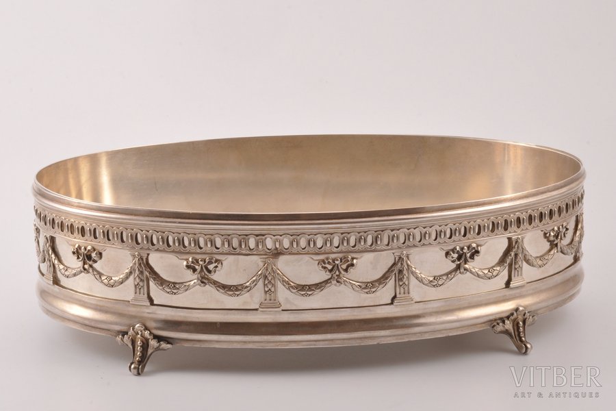 biscuit tray, silver, with metal insert, 950 standart, the 20th cent., (silver) 255.45g, France, 29.4 x 20 cm