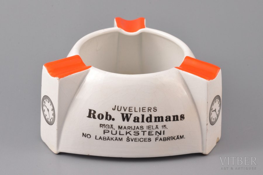 ashtray, advertising, "Juvelier Rob Waldman", faience, J.K. Jessen manufactory, Riga (Latvia), the 30ties of 20th cent., 12 x 12 x 12 x 5.8 cm, small chip on the bottom