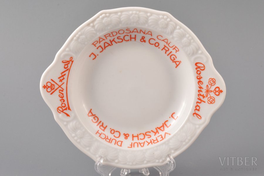 pelnu trauks, reklāma, "Rosenthal, Pārdošana caur J. Jaksch & Co Rigā", porcelāns, Rosenthal, Vācija, 1919-1935 g., 13.5 x 11.9 cm