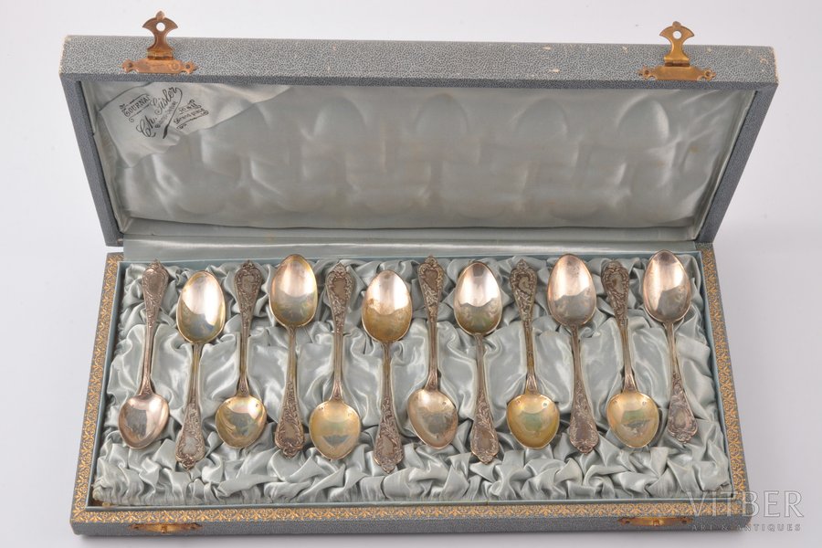 комплект ложек, серебро, в оригинальном футляре, 800 проба, (общий) 155.55 г, Бельгия, 11.3 см