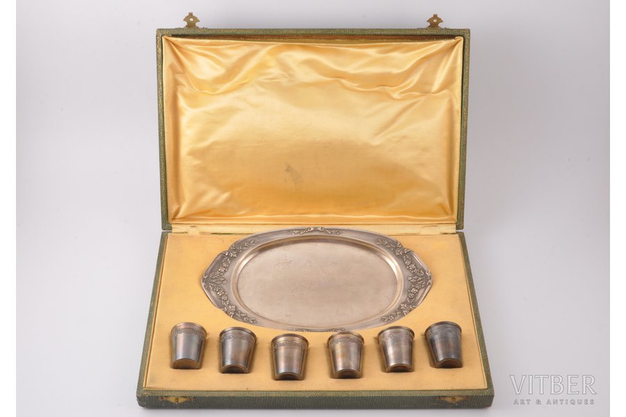 6 beakers + metal platter, silver, 950 standart, the border of the 19th and the 20th centuries, (small glasses) 59.90g, France, h (small glass) 3.9 см, (dish) 23.8 x 12.9 cm