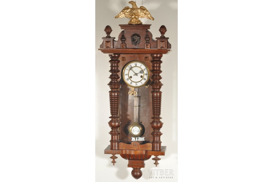 wall clock, with a metal eagle, the border of the 19th and the 20th centuries, wood, 97 x 37.7 x 18 cm, Ø 127 mm