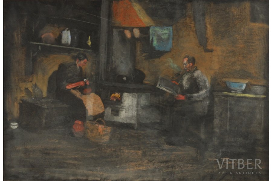 Ирбе Волдемарс (1893-1944), У очага, 30-40е годы 20го века, бумага, пастель, 76 x 111 см