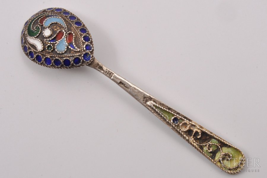 spoon for salt, silver, 916 standard, 4.80 g, cloisonne enamel, 6.4 cm, the 50ies of 20th cent., USSR