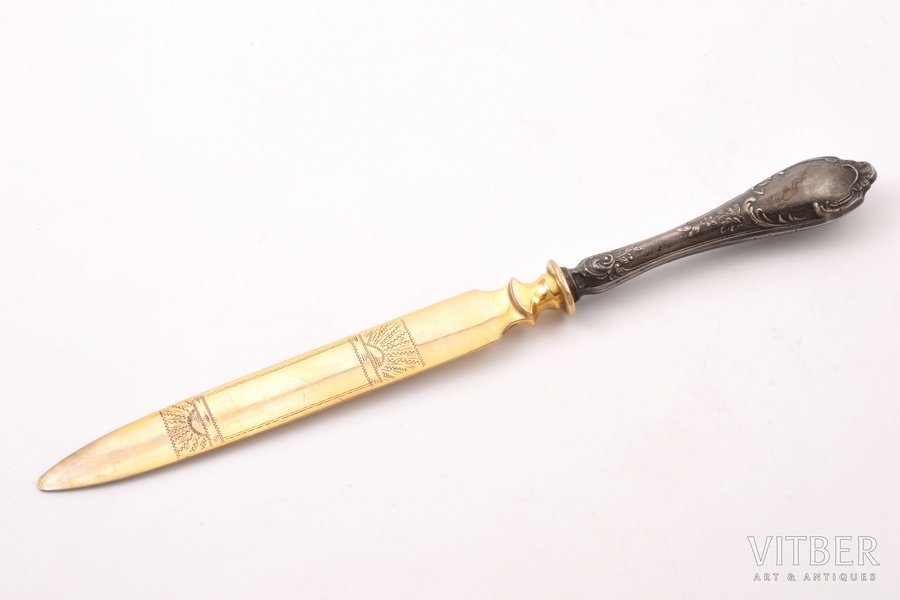 letter knife, silver, 875 standart, gilding, metal, the 20-30ties of 20th cent., 85.40 g (item total weight), Latvia, 25.1 cm