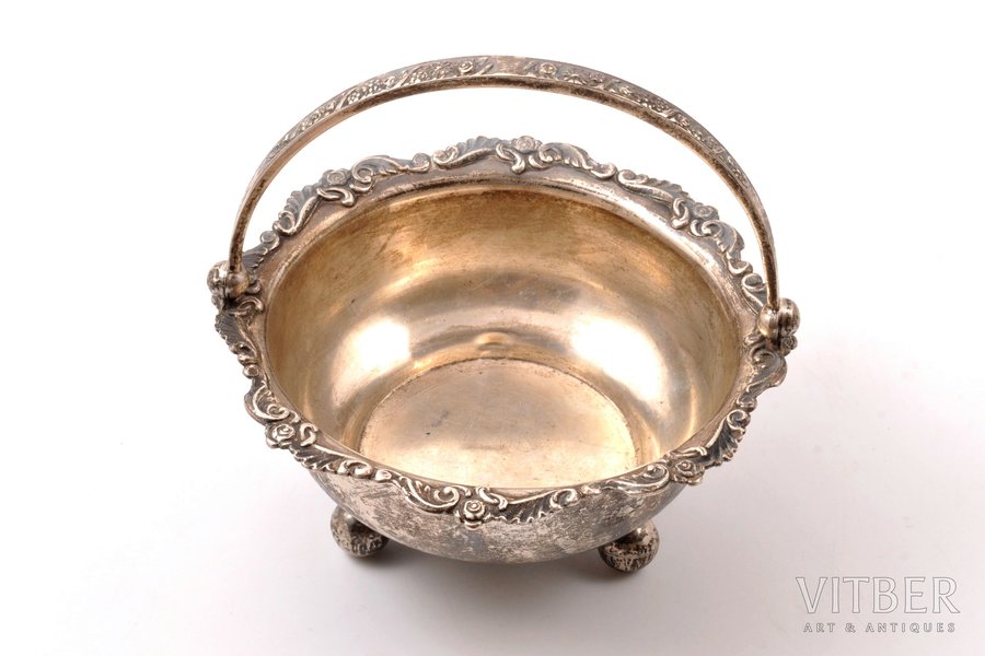 candy-bowl, silver, 875 standard, 157.60 g, h (with handle) = 14 cm, the 20-30ties of 20th cent., the 30-40ties of 20th cent., Latvia