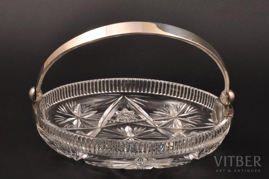 candy-bowl, silver, crystal, 875 standard, Ø 14.5 cm, the 20-30ties of 20th cent., Latvia