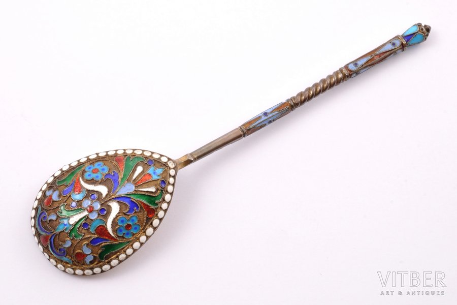 spoon, silver, 84 standard, 40 g, cloisonne enamel, gilding, 16.4 cm, 1896-1907, Russia