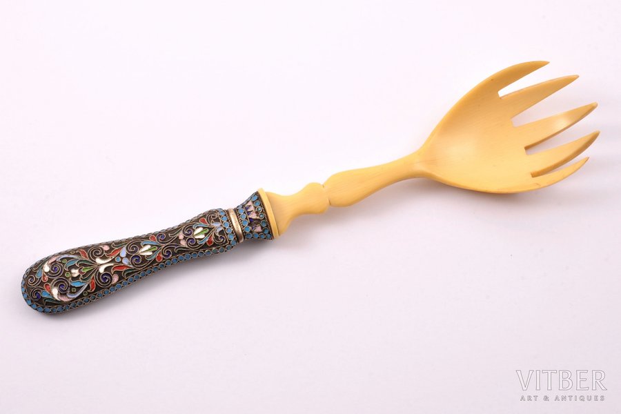 fork, silver, bone, 84 standart, cloisonne enamel, 1908-1917, 57 g, (item total weight), St. Petersburg, Russia, 23.5 cm