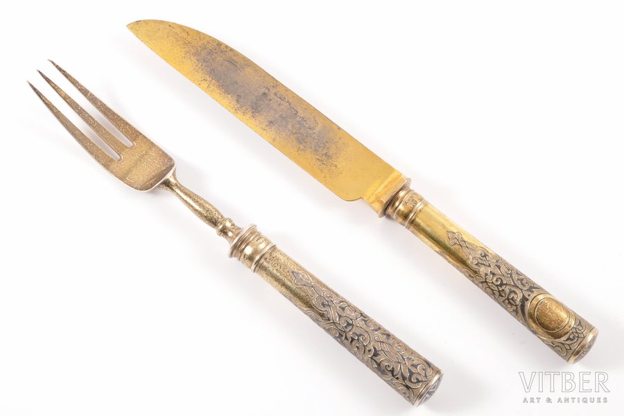 flatware set (fork + knife), silver, 84 standart, gilding, niello enamel, 1870, (total) 132.30 g, Moscow, Russia, 20 см, 17.8 cm