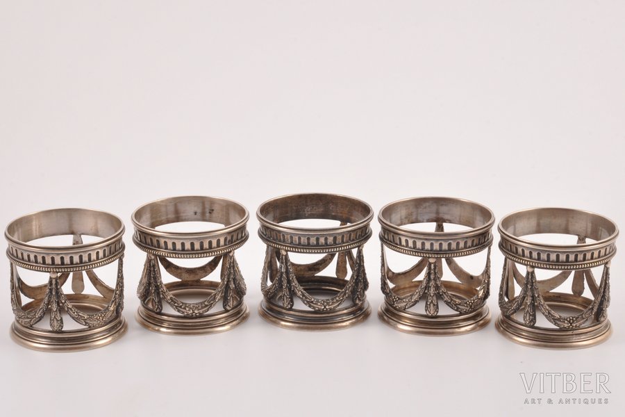 set of 5 cup holders, silver, 84 standart, 1908-1916, 344.20 g, "Fabergé", Moscow, Russia, h 4.5 cm