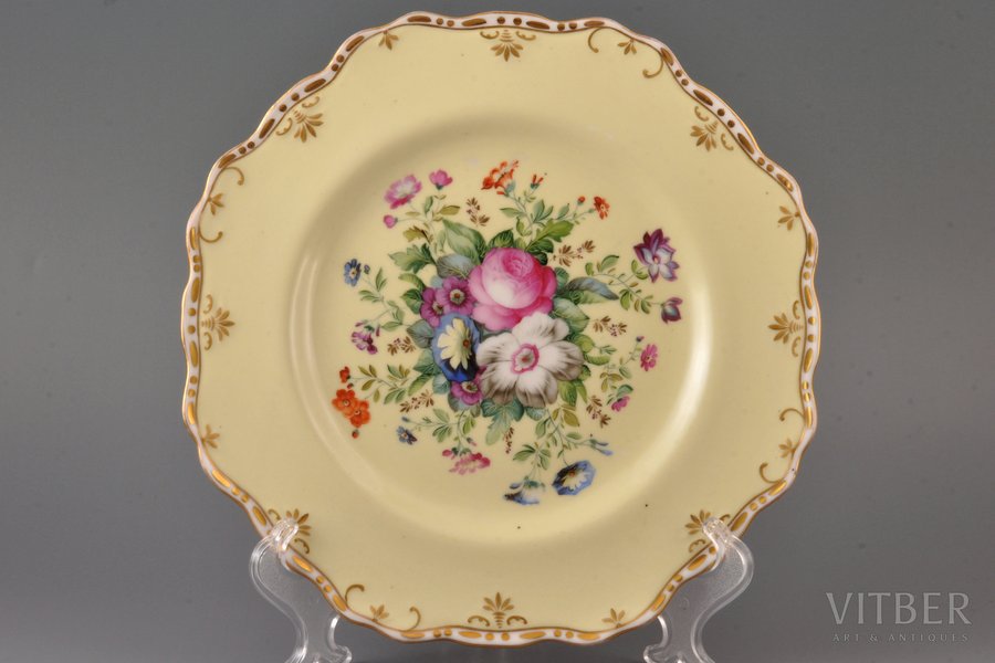 plate, hand-painted, porcelain, A. Popov manufactory, Russia, the middle of the 19th cent., Ø 22.7 - 23.3 cm