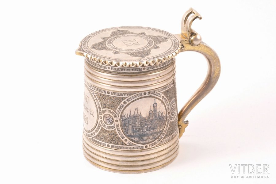 beer mug, silver, 84 standard, 486.10 g, niello enamel, gilding, h 12.6 cm, 1868, Moscow, Russia