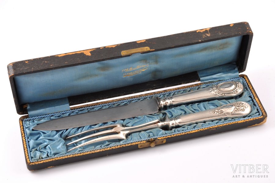 набор для сервировки, серебро, нож и вилка, 950 проба, общий вес изделий 267.45, 32.5 / 28 см, Франция, в коробочке