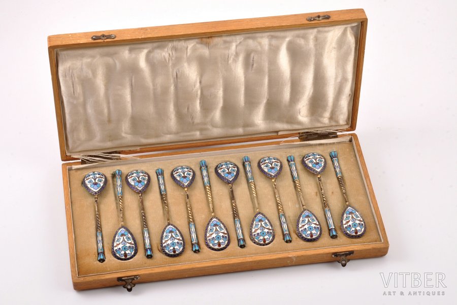 set of teaspoons, silver, 12 pcs, 84 standard, 159.70 g, cloisonne enamel, gilding, 10 cm, 1896-1907, Moscow, Russia, in a wooden box