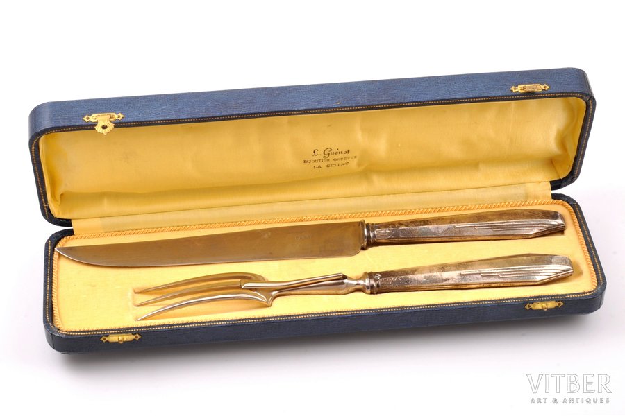 serving set, silver, knife and fork, Art Deco, 950 standard, total weight of items 249.85, 33 / 27.7 cm, France, in a box