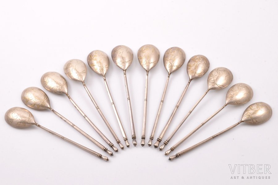 set of teaspoons, silver, 12 pcs, 84 standard, 219.85 g, engraving, gilding, 14.2 cm, Levin Stepan Kuzmich factory, 1896-1907, Moscow, Russia