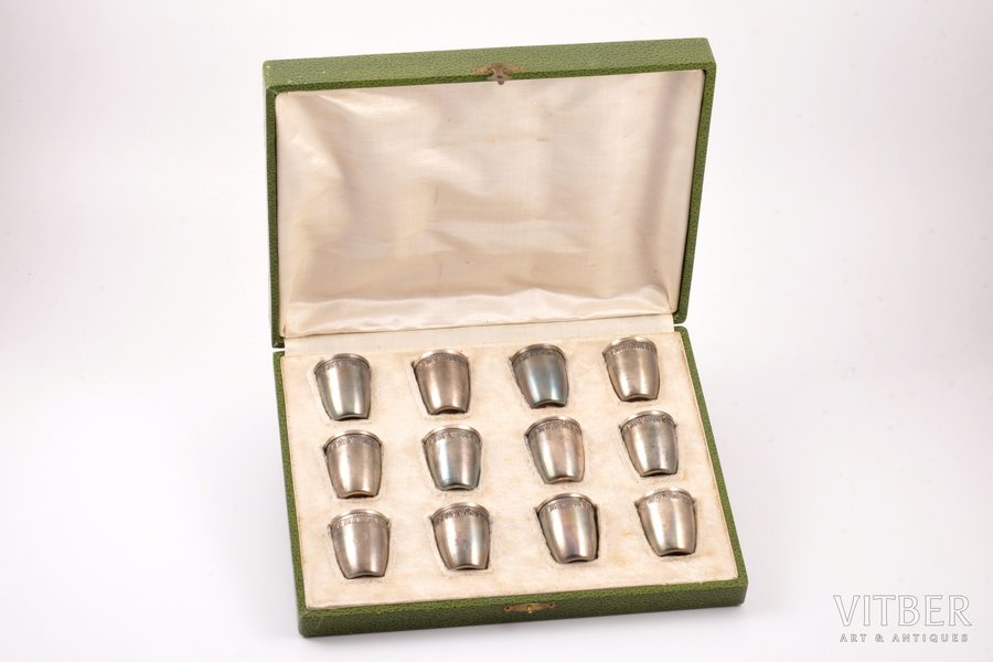 set of 12 beakers, silver, 950 standart, gilding, 97.75 g, France, h 4.1 cm, in a box
