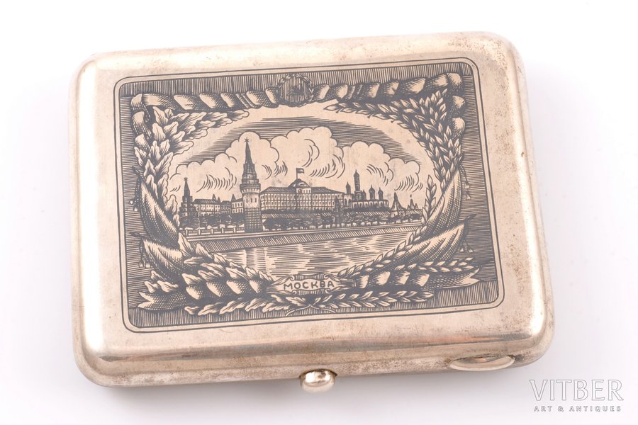 cigarette case, silver, 875 standard, 170.70 g, niello enamel, gilding, 10.7 x 8.2 x 1.9 cm, The "Severnaya Chern" factory of Veliky Ustyug, 1965, USSR