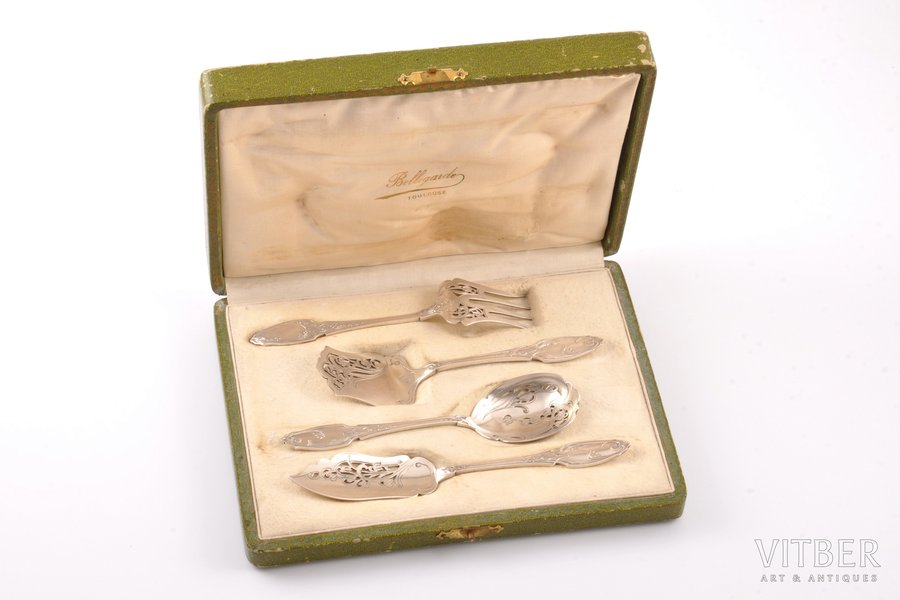 flatware set, silver, 4 items, 950 standard, 119.45 g, 14.5 / 16.3 / 14.2 / 14.1 cm, France, in a box