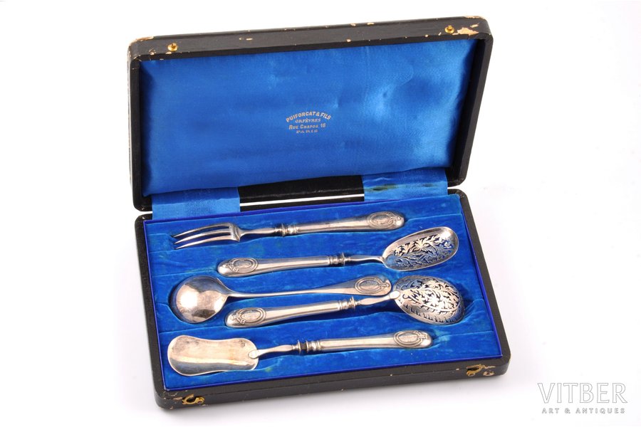 flatware set, silver, 5 items, 950 standard, 135.95 g, by Emile Puiforcat, France, in a box
