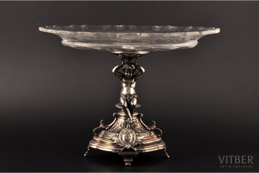 фруктовница, серебро, стекло, 950 проба, начало 20-го века, (общий вес) 1700 г, Франция, h 18 см