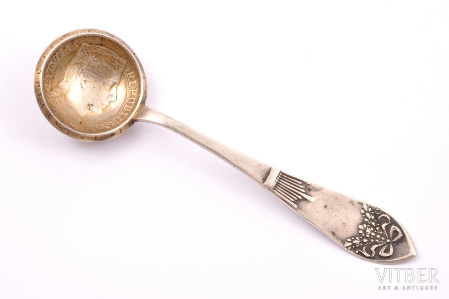 teaspoon, silver, made of 5 lats coin (1932), 875 standard, 36.60 g, 12.8 cm, the 20-30ties of 20th cent., Latvia