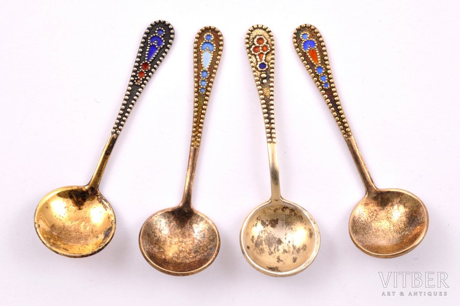 4 spoons for salt, silver, 875 standart, cloisonne enamel, 1959-1973, Leningrad Jewelry Factory, "Russkiye Samotsvety", Leningrad, USSR, 5.2 cm
