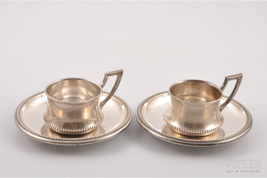 2 чайных пары, серебро, модерн, 800 проба, начало 20-го века, 113.30 г, Otto Wolter, Швебиш-Гмюнд, Германия, h (чашка) 4.2 см, Ø (блюдце) 10 см