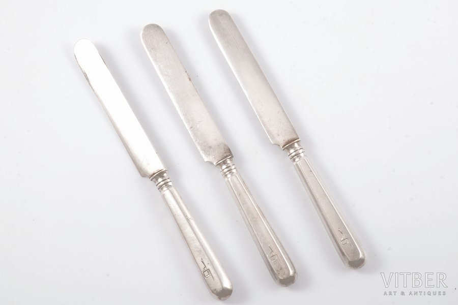 комплект из 3 ножей, серебро, 84 проба, 1899-1908 г., 183.45 г, фирма "Фаберже", Москва, Российская империя, 19 см