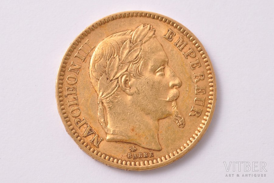 20 франков, 1862 г., A, золото, Франция, 6.43 г, Ø 21.2 мм, XF, 900 проба
