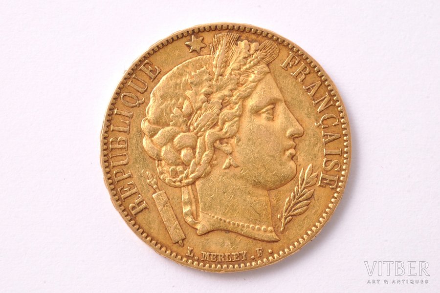 20 франков, 1850 г., A, золото, Франция, 6.45 г, Ø 21.1 мм, XF, 900 проба