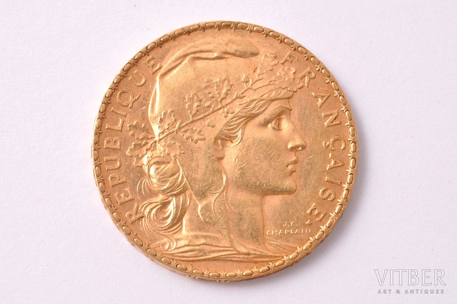 20 франков, 1908 г., золото, Франция, 6.45 г, Ø 21.2 мм, AU, XF, 900 проба