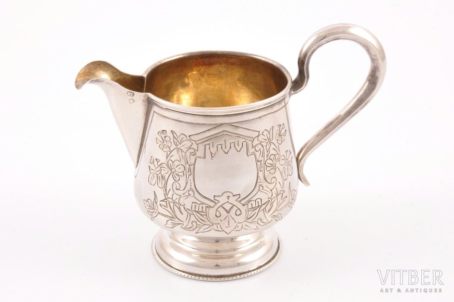 cream jug, silver, 84 standard, 71.95 g, engraving, h 8.2 cm, by Goloshchapov Mikhail, 1896-1907, Moscow, Russia