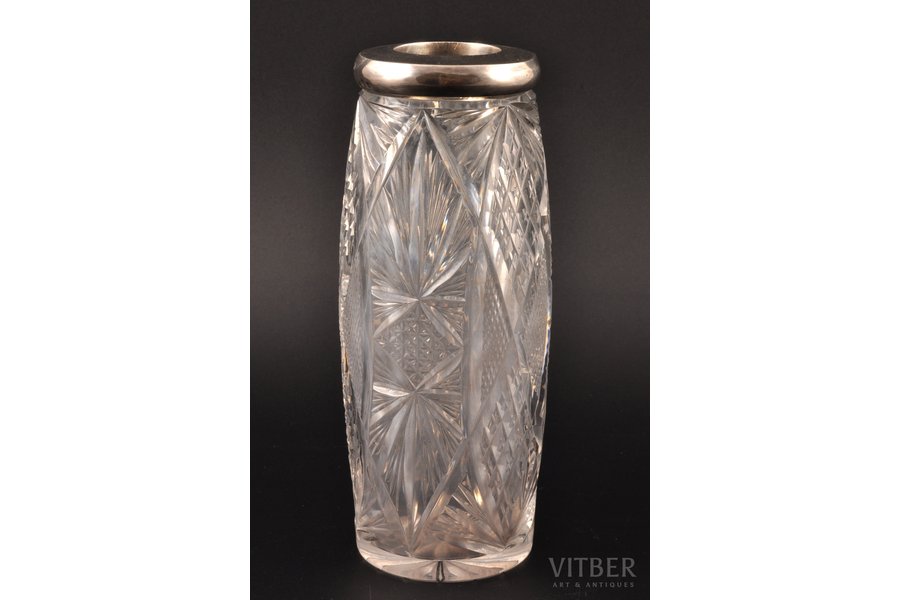 a vase, silver, crystal, 875 standard, 19.5 cm, the 30ties of 20th cent., Latvia