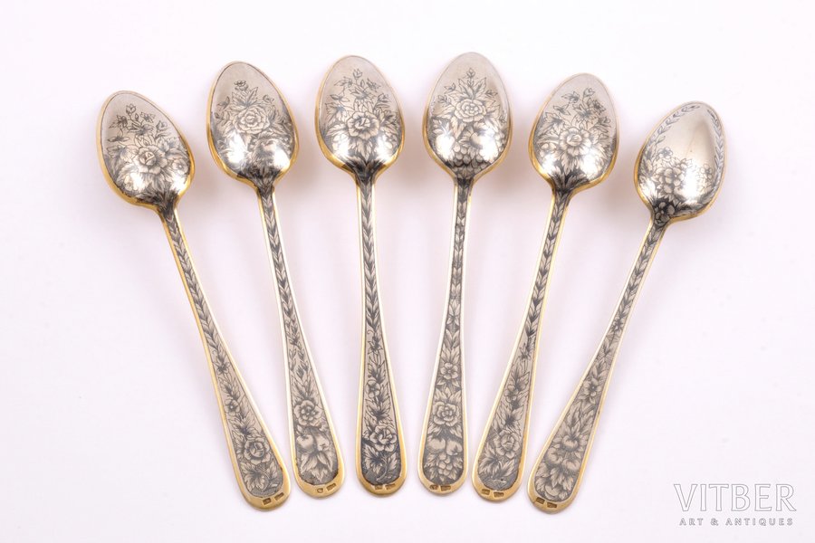 set of teaspoons, silver, 6 pcs, 875 standard, 165.60 g, niello enamel, gilding, 13.9 cm, The "Severnaya Chern" factory of Veliky Ustyug, 1954-1956, USSR