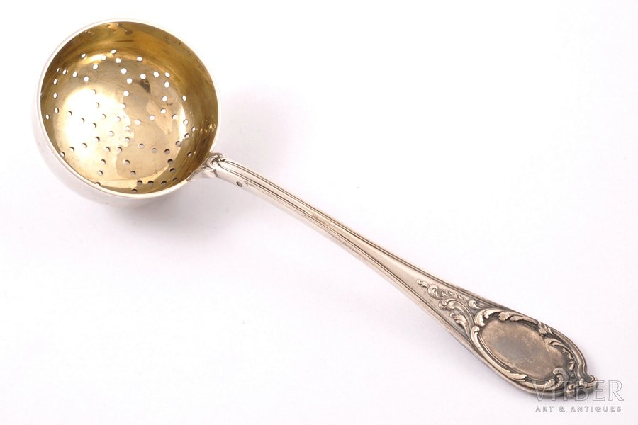 sieve spoon, silver, 84 standard, 71.45 g, gilding, 16.8 cm, "Fabergé", 1908-1917, Moscow, Russia