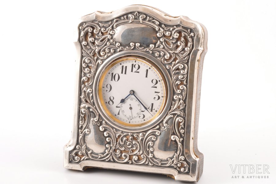 table clock, "Doxa", with a silver frame (United Kingdom), Switzerland, the beginning of the 20th cent., 14.5 x 11.8 / 8.3 x 6.5 cm, Ø 59 mm, working well