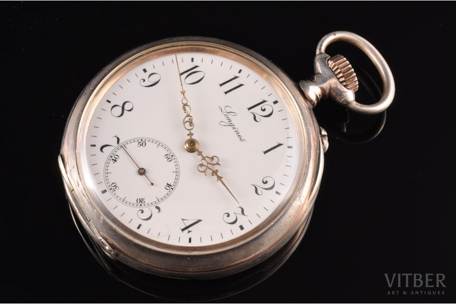 pocket watch, "Longines", Switzerland, the border of the 19th and the 20th centuries, silver, 800 standart, (total) 87.05 g, 6.1 x 5 cm, Ø 40 mm, working well