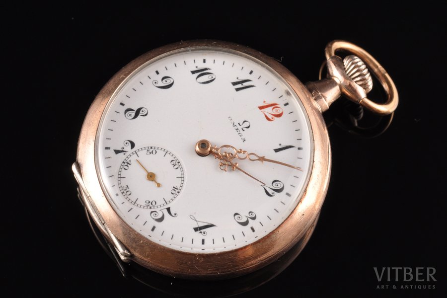 kabatas pulkstenis, "Omega", Šveice, 20. gs. sākums, sudrabs, zeltījums, 900 prove, (kopējs) 34.70 g, 4.4 x 3.6 cm, Ø 30 mm, darbojas