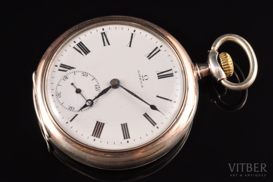 pocket watch, "Omega", Switzerland, the beginning of the 20th cent., silver, 800 standart, (total) 89.50 g, 6.3 x 5.1 cm, Ø 42 mm, working well