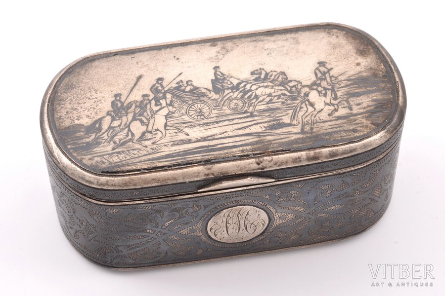 snuff-box, silver, battle scene, 84 standard, 111.95 g, niello enamel, gilding, 7.9 x 4 x 3.6 cm, the 1st half of the 19th cent., Russia