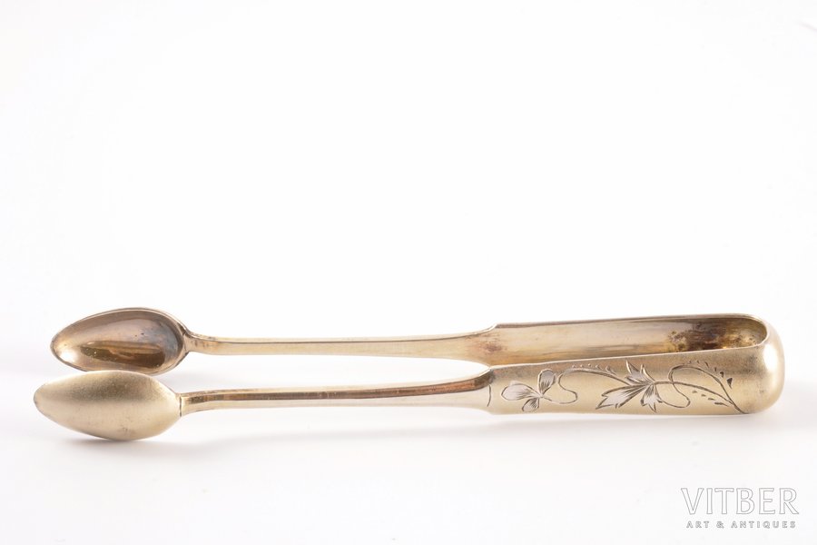 sugar tongs, silver, 84 standard, 31.85 g, engraving, gilding, 13.5 cm, 1908-1916, Moscow, Russia