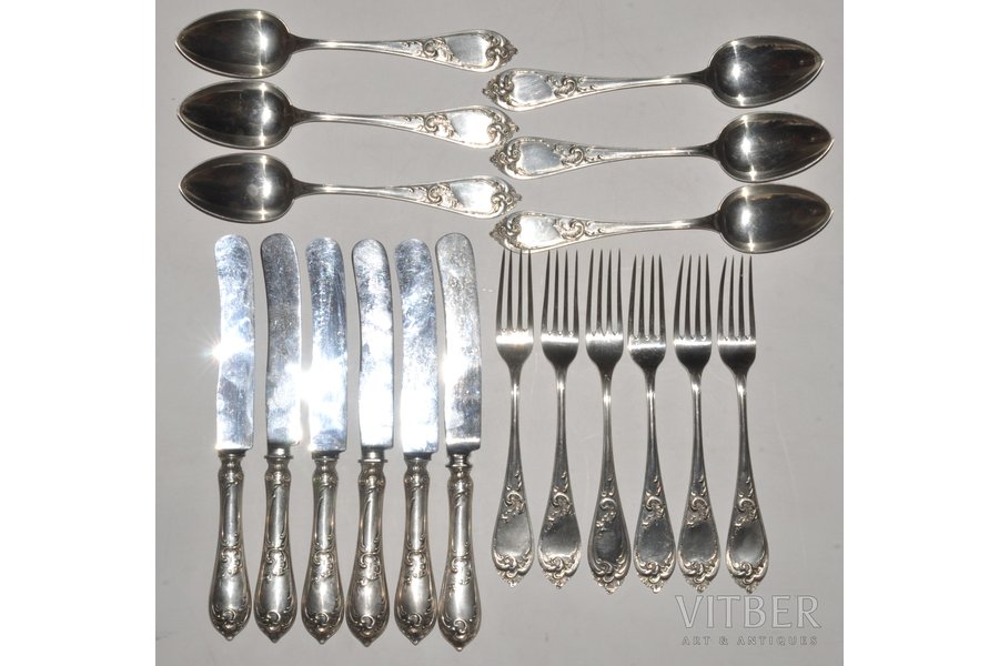 flatware set, silver, 18 items: 6 forks, 6 knives, 6 soup spoons, 875 standard, total weight of items 1359.65, 26.5 / 21.6 / 21.8 cm, H. Bank's workshop, the 20-30ties of 20th cent., Latvia