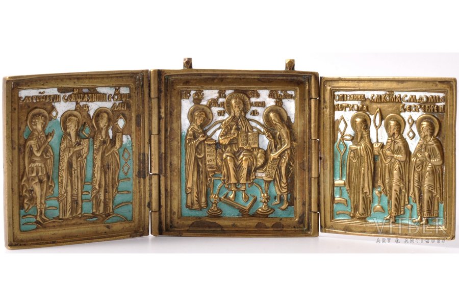 icon with foldable side flaps, copper alloy, 2-color enamel, Russia, the beginning of the 20th cent., 16.7 x 6.4 x 0.6 cm, 235.05 g.