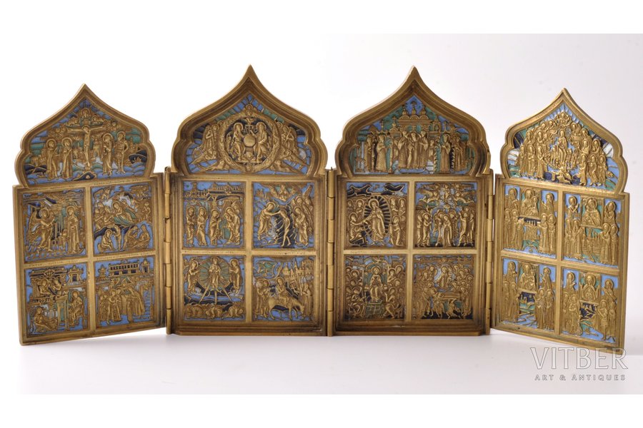 icon with foldable side flaps, Great Feasts, copper alloy, 4-color enamel, Russia, the border of the 19th and the 20th centuries, 41.2 x 18 x 0.8 cm, 1500 g.