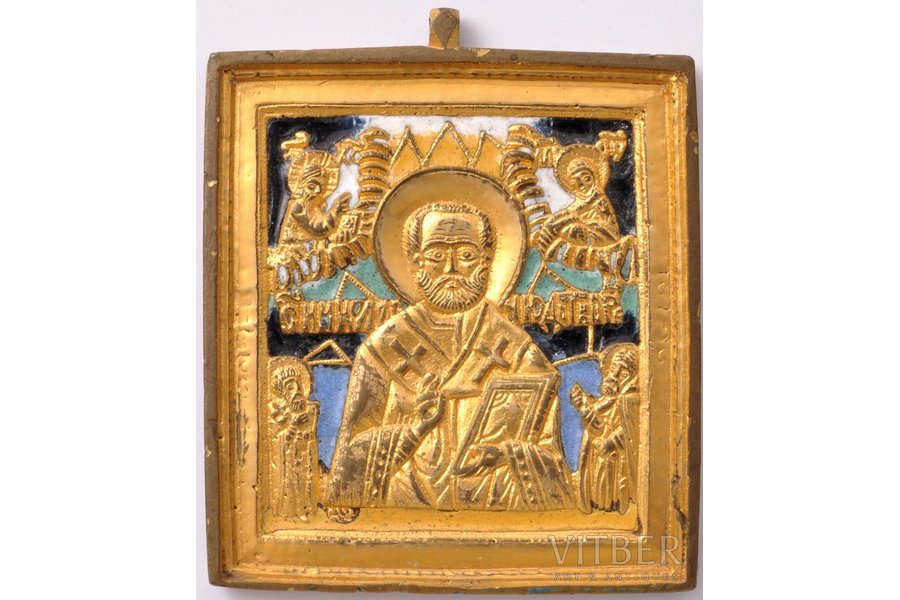 ikona, Svētais Nikolajs Brīnumdarītājs, vara sakausējuma, zeltījums, 5-krāsu emalja, Krievijas impērija, 20. gs. sākums, 6.5 x 5.5 x 0.5 cm, 75 g.